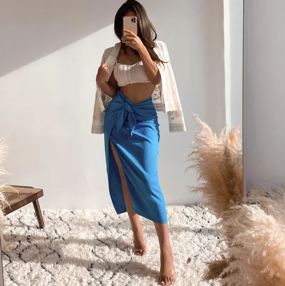 Zara * wrap midi knot blue skirt - Picture 9 of 16